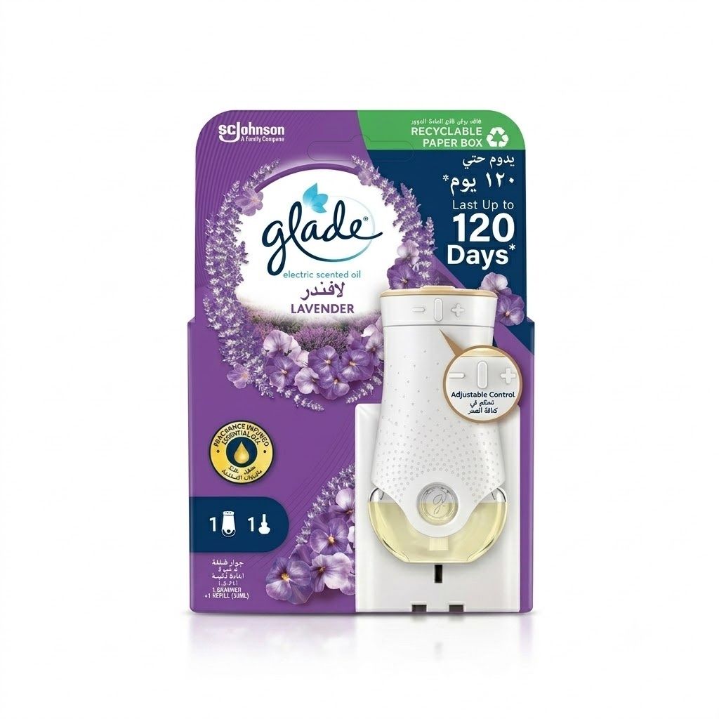 مجموعة Glade الكهربائية لبدء استخدام الزيوت العطرية، برائحة اللافندر، جهاز تسخين واحد + عبوة إعادة تعبئة واحدة (20 مل)