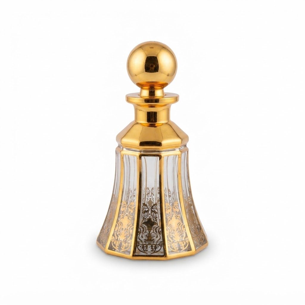 زجاجة عطر زجاجية أنيقة ومزخرفة سعة 150 مل، تتميز بلمسات ذهبية وسدادة كروية.