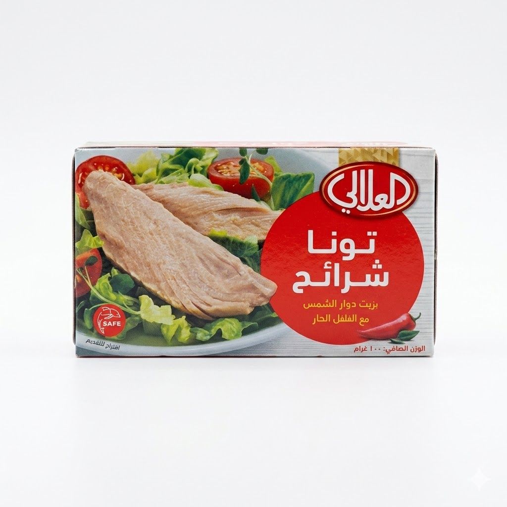 شرائح تونة العلالي في زيت دوار الشمس مع الفلفل الحار (100 غرام)