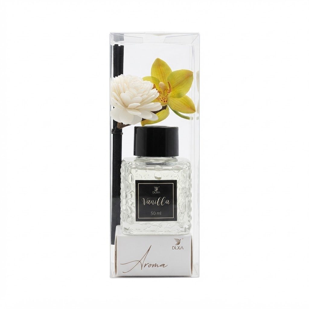 طقم موزع عطر برائحة الفانيليا – موزع عطور منزلية تزييني (سعة 50 مل) مع أعواد على شكل زهور