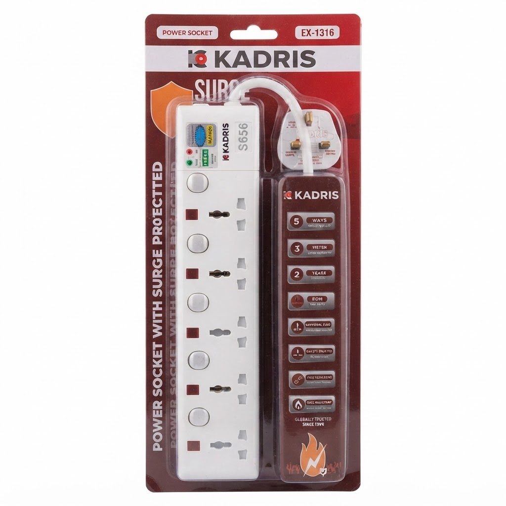 مشترك كهرباء KADRIS بـ 5 منافذ وطول 3 أمتار مع حماية من ارتفاع الجهد EX-1316