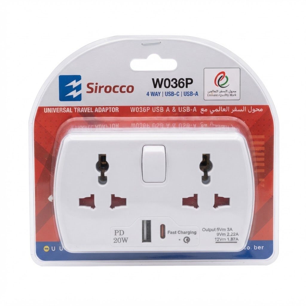 محول سفر عالمي رباعي المنافذ من سيروكو W036P مزود بمنفذي USB-A و USB-C