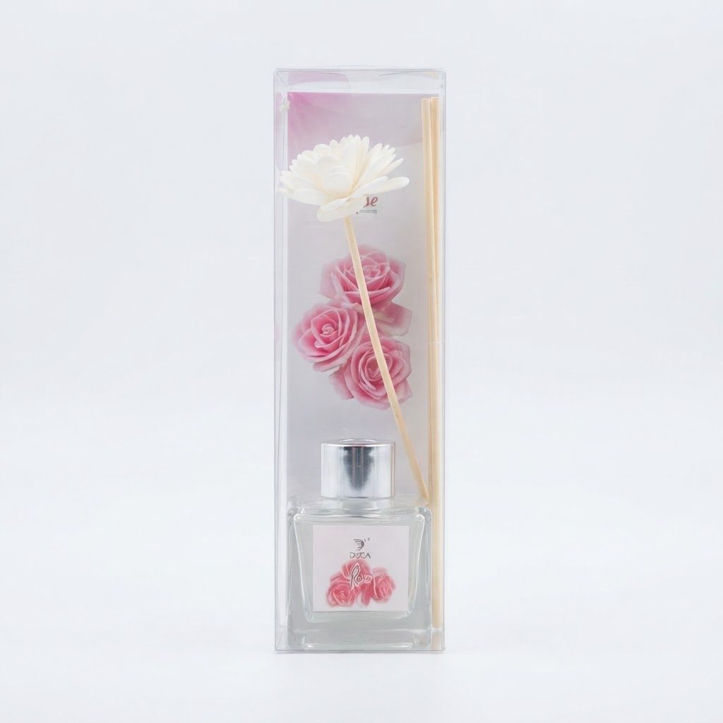 طقم موزع العطر بأعواد القصب (برائحة الورد) – موزع عطر منزلي مزخرف بأعواد على شكل زهور