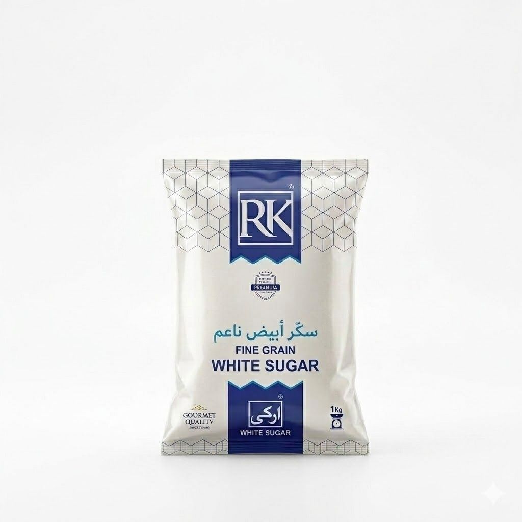 سكر أبيض ناعم الحبيبات فاخر من آر كي - عبوة اقتصادية من مُحلي قصب السكر المكرر عالي النقاء، وزن 1 كجم، مناسب للخبز والطبخ والحلويات والاستخدام اليومي على المائدة