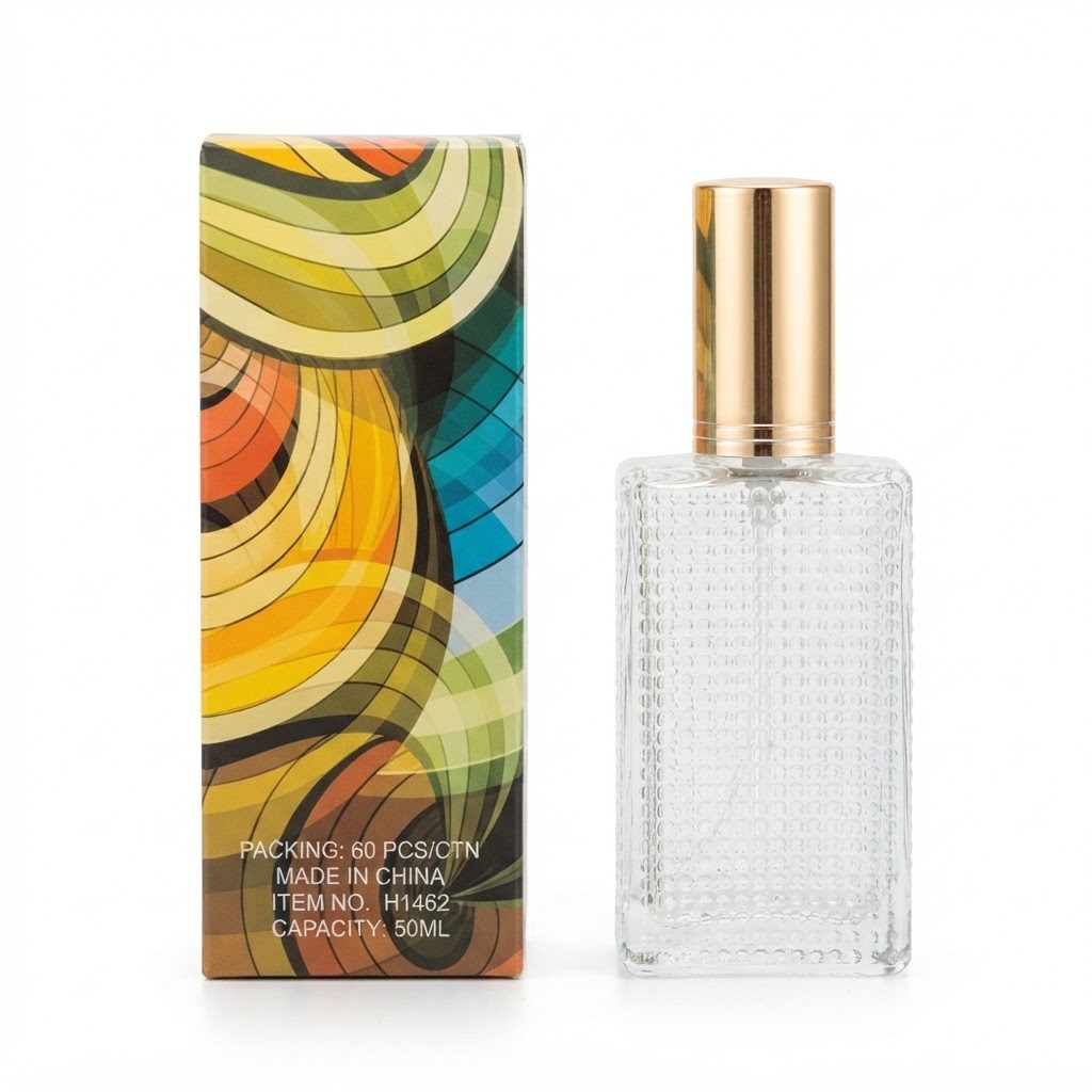 زجاجة عطر زجاجية سعة 50 مل – بخاخ عطر فارغ قابل لإعادة التعبئة مع غطاء ذهبي