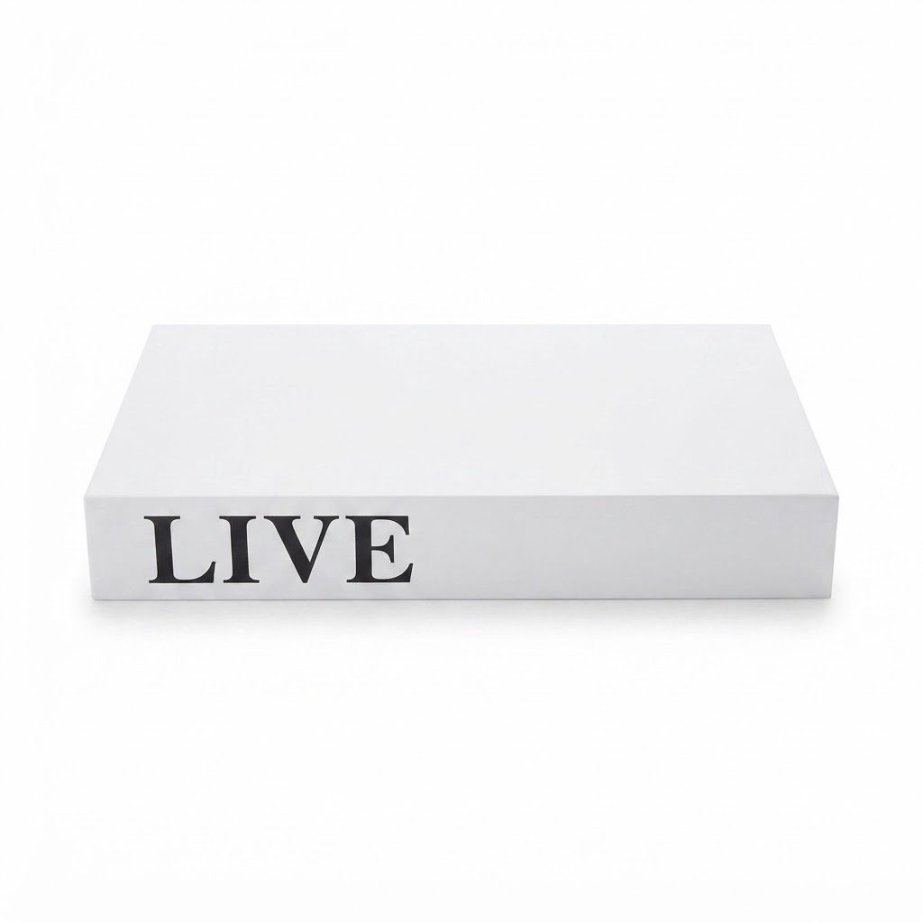 صندوق كتب مزخرف "LIVE" - صندوق تخزين كتب أبيض بتصميم بسيط