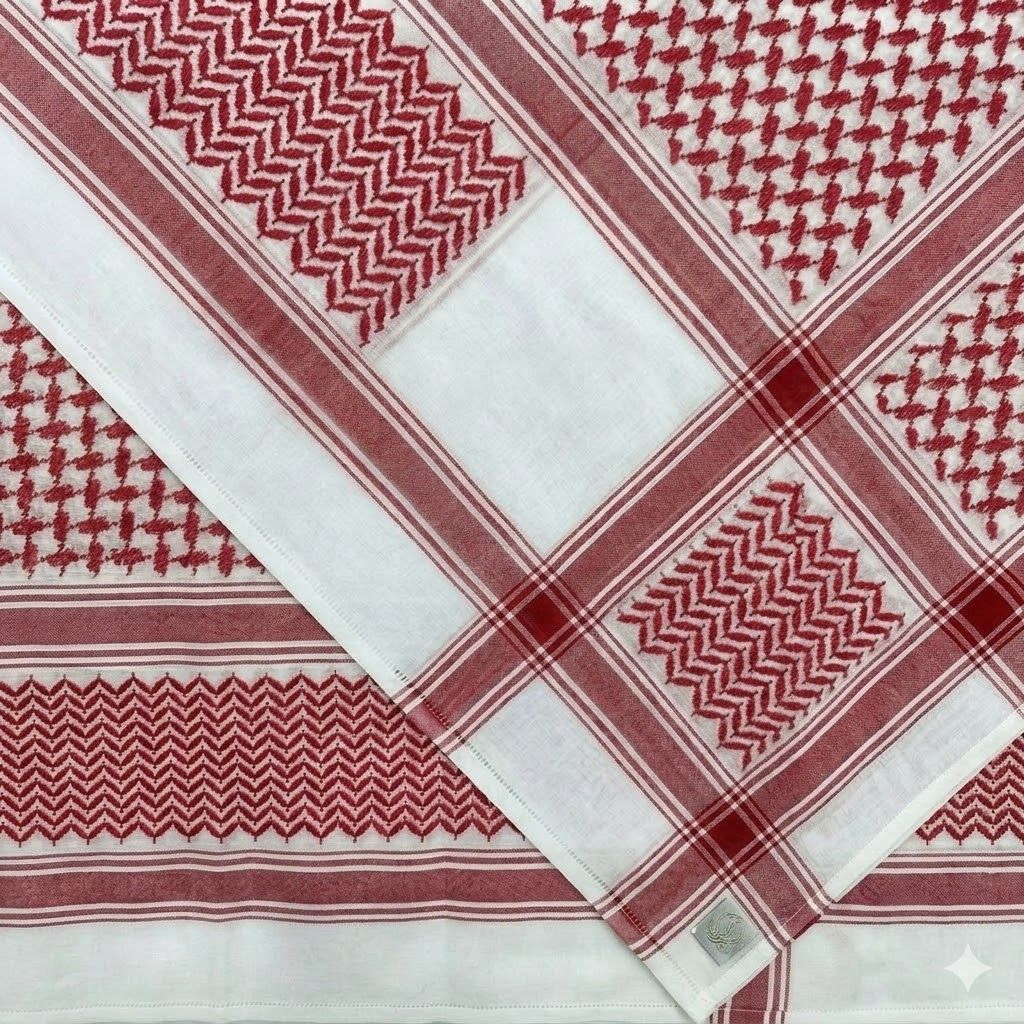 شماغ رجالي تقليدي فاخر باللونين الأحمر والأبيض بنسيج متعرج ومربعات متقن