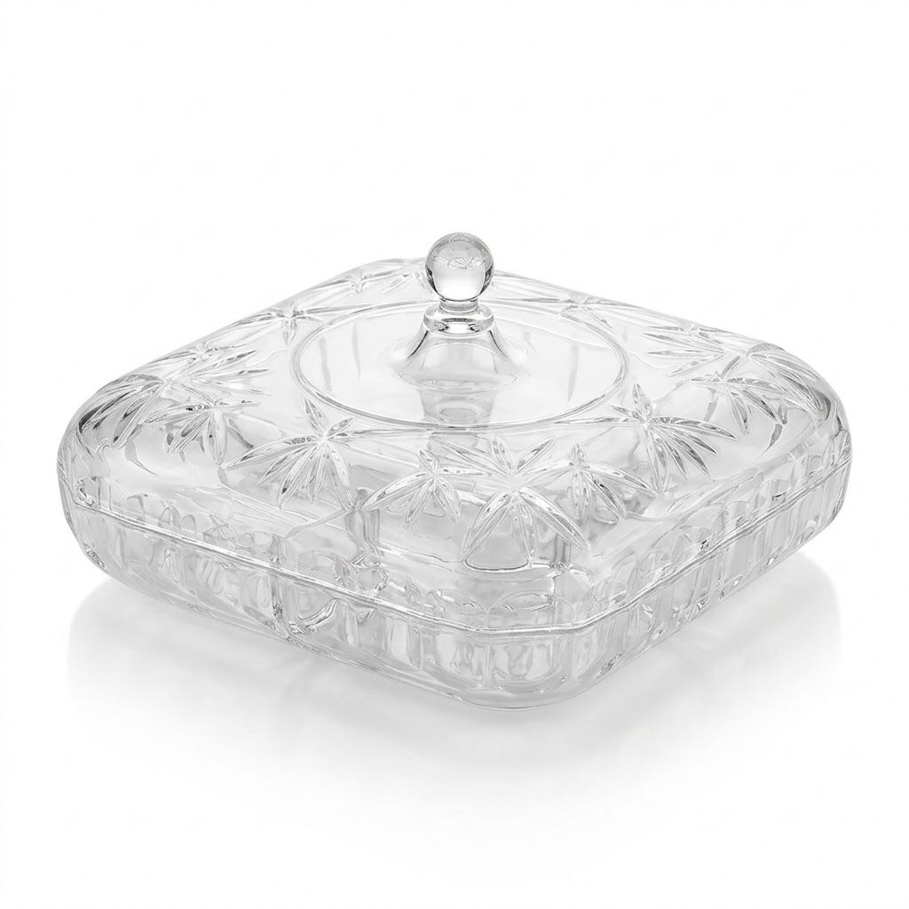 صينية تقديم أنيقة مربعة الشكل مصنوعة من الأكريليك ذي مظهر كريستالي مع غطاء - منظم مزخرف ومقسم للوجبات الخفيفة والحلويات