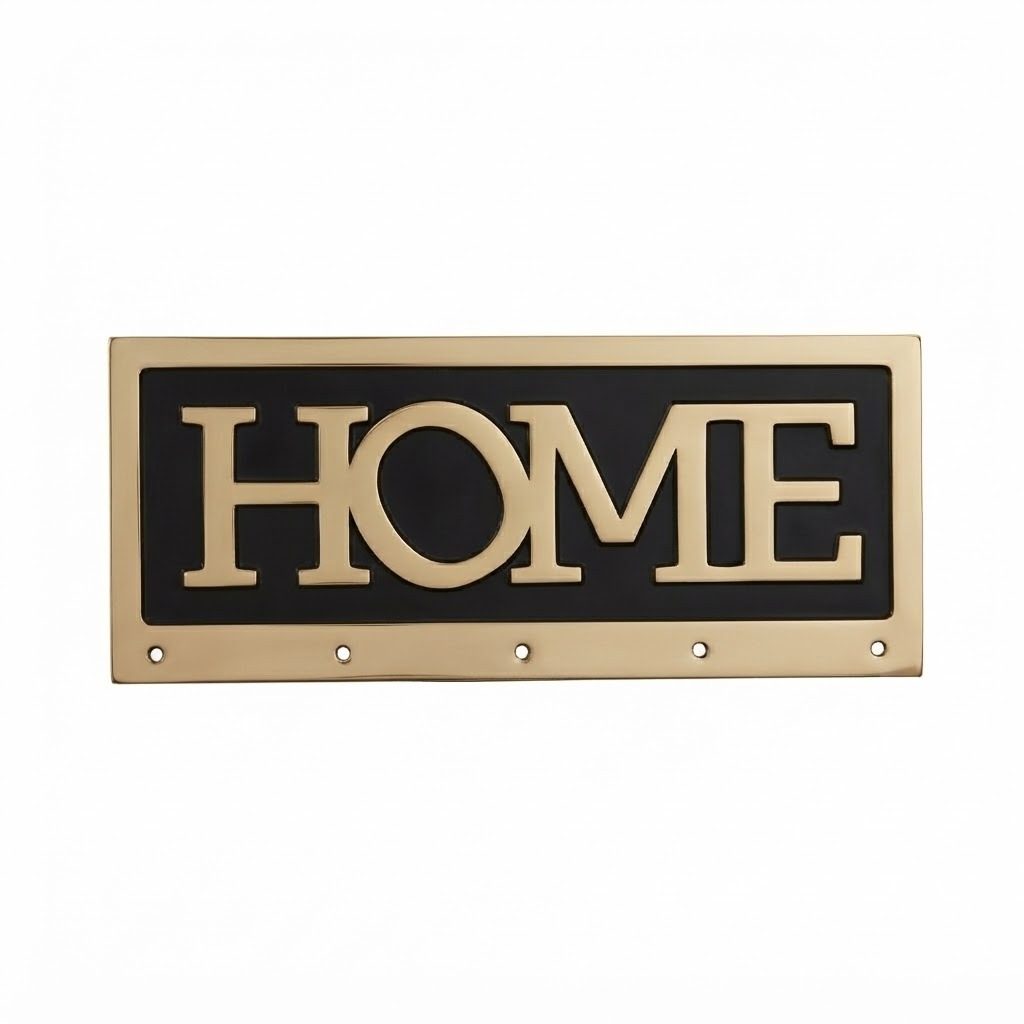 لوحة جدارية مزخرفة مكتوب عليها "HOME" مع خطافات للمفاتيح - ديكور ذهبي وأسود