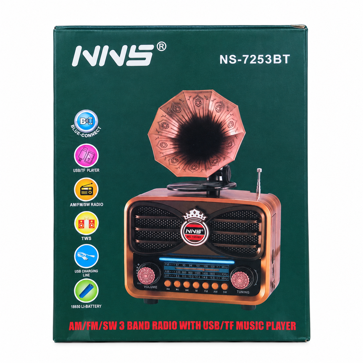 راديو NNS بنمط كلاسيكي يدعم البلوتوث وثلاثة نطاقات (AM/FM/SW) - الموديل: NS-7253BT
