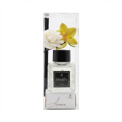 طقم موزع عطر برائحة الفانيليا – موزع عطور منزلية تزييني (سعة 50 مل) مع أعواد على شكل زهور