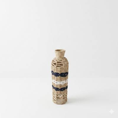 مزهرية زهور متوسطة الحجم مصنوعة يدويًا من الخيزران - زجاجة ريفية مزخرفة بلمسات باللونين الكحلي والأبيض