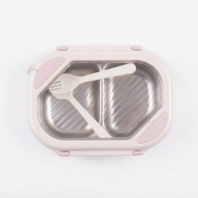 Stainless Steel Compartment Lunch Box with Spoon – Pink and White