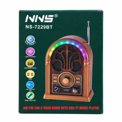 راديو NNS بتصميم كلاسيكي (ريترو) بثلاثة نطاقات (AM/FM/SW)، مزود بتقنية البلوتوث ومشغل موسيقى (NS-7229BT)