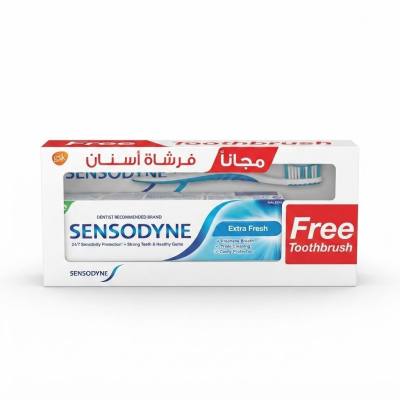 معجون أسنان سنسوداين إكسترا فريش 75 مل مع فرشاة أسنان مجانية