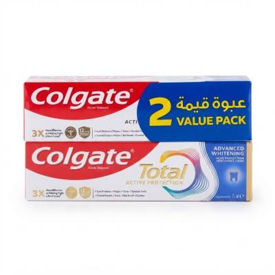 معجون أسنان كولجيت توتال أكتيف بروتكشن أدفانسد للتبييض، عبوة اقتصادية من قطعتين (2 × 75 مل)
